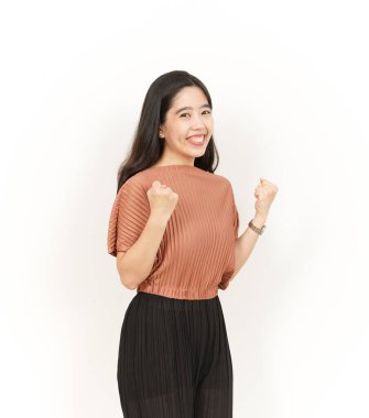 Evet ve Beyaz Arkaplanda İzole Edilmiş Güzel Asyalı Kadının Heyecanlı Hareketi