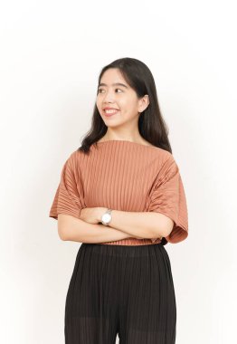 Beyaz arka planda tecrit edilmiş Güzel Asyalı Kadın 'ın kolları ve gülümsemesi