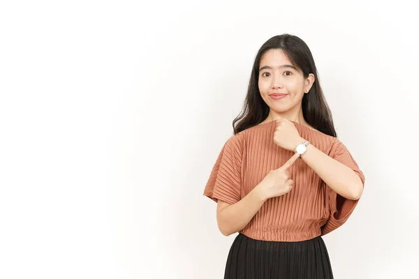 Indicazione Guardare Sorridere Della Bella Donna Asiatica Isolata Sfondo Bianco — Foto Stock