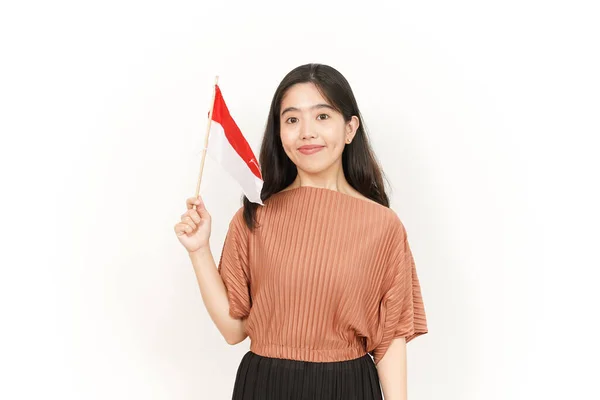 Die Indonesische Flagge Der Schönen Asiatischen Frau Auf Weißem Hintergrund — Stockfoto