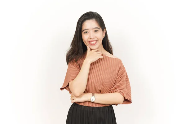 Sorriso Mão Queixo Bela Mulher Asiática Isolada Fundo Branco — Fotografia de Stock