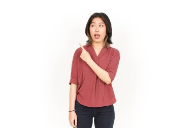 Beyaz arka planda tecrit edilmiş Güzel Asyalı Kadın 'ın Ürün ve İşaret Tarafı