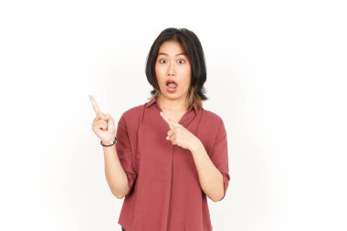 Beyaz arka planda tecrit edilmiş Güzel Asyalı Kadın 'ın Ürün ve İşaret Tarafı