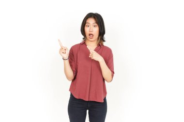 Beyaz arka planda tecrit edilmiş Güzel Asyalı Kadın 'ın Ürün ve İşaret Tarafı