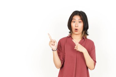 Beyaz arka planda tecrit edilmiş Güzel Asyalı Kadın 'ın Ürün ve İşaret Tarafı