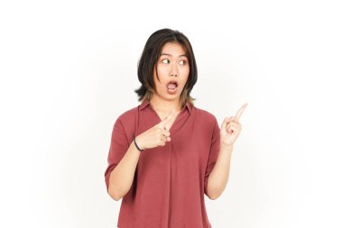 Beyaz arka planda tecrit edilmiş Güzel Asyalı Kadın 'ın Ürün ve İşaret Tarafı