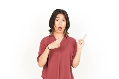 Beyaz arka planda tecrit edilmiş Güzel Asyalı Kadın 'ın Ürün ve İşaret Tarafı