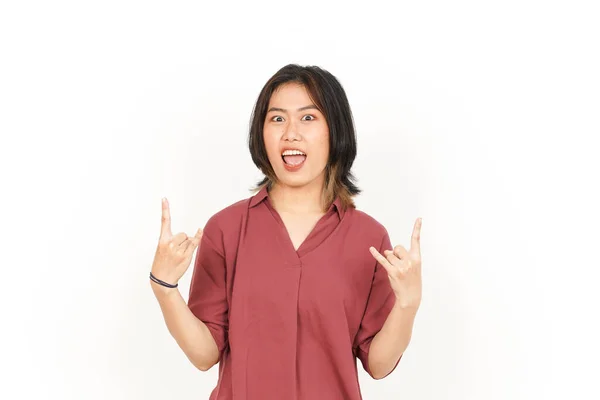 Mostrando Mão Metal Bela Mulher Asiática Isolada Fundo Branco — Fotografia de Stock