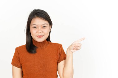 Beyaz arka planda tecrit edilmiş Güzel Asyalı Kadın 'ın Ürün ve İşaret Tarafı