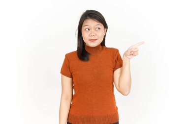 Beyaz arka planda tecrit edilmiş Güzel Asyalı Kadın 'ın Ürün ve İşaret Tarafı