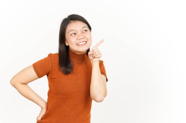 Beyaz arka planda tecrit edilmiş Güzel Asyalı Kadın 'ın Ürün ve İşaret Tarafı