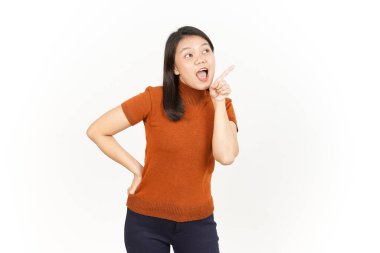 Beyaz arka planda tecrit edilmiş Güzel Asyalı Kadın 'ın Ürün ve İşaret Tarafı