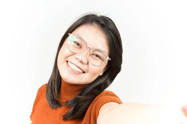 Smile Take Selfie Beautiful Asian Woman Isolated White Background — Stock Photo, Image