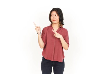 Beyaz arka planda tecrit edilmiş Güzel Asyalı Kadın 'ın Ürün ve İşaret Tarafı