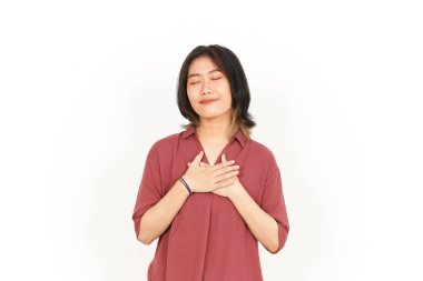 Beyaz arka planda tecrit edilmiş Asyalı Güzel Kadın 'ın Minnettar ve Kendine Sevgi Hareketi