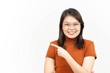 Beyaz arka planda tecrit edilmiş Güzel Asyalı Kadın 'ın Ürün ve İşaret Tarafı