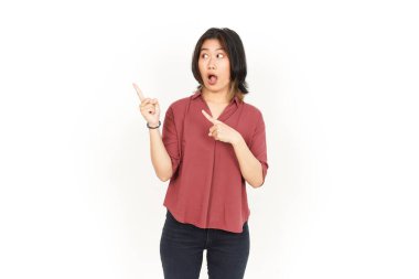 Beyaz arka planda tecrit edilmiş Güzel Asyalı Kadın 'ın Ürün ve İşaret Tarafı