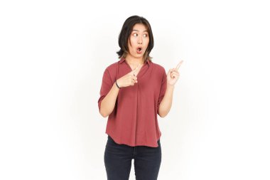 Beyaz arka planda tecrit edilmiş Güzel Asyalı Kadın 'ın Ürün ve İşaret Tarafı