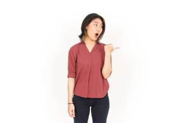 Beyaz arka planda tecrit edilmiş Güzel Asyalı Kadın 'ın Ürün ve İşaret Tarafı