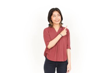 Beyaz arka planda tecrit edilmiş Güzel Asyalı Kadın 'ın Ürün ve İşaret Tarafı