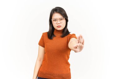 Beyaz arka planda tecrit edilmiş Güzel Asyalı Kadın 'ın Reddedilme ve El Hareketi