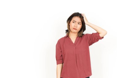 Beyaz arka planda izole edilmiş Güzel Asyalı Kadın 'ın Şaşkın ve Düşünen Hareketi