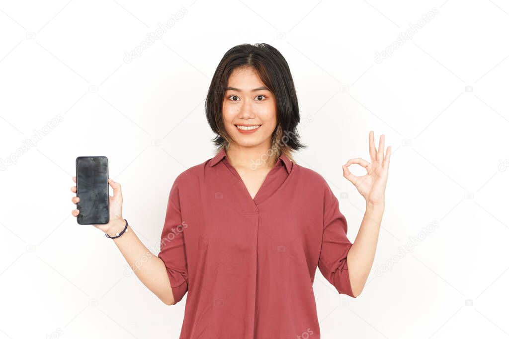 Showing and Presenting Apps or Ads On Blank Screen Smartphone Of Beautiful Asian Woman
