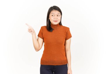 Beyaz arka planda tecrit edilmiş Güzel Asyalı Kadın 'ın Ürün ve İşaret Tarafı