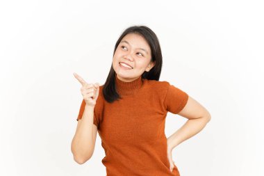 Beyaz arka planda tecrit edilmiş Güzel Asyalı Kadın 'ın Ürün ve İşaret Tarafı