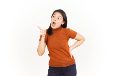 Beyaz arka planda tecrit edilmiş Güzel Asyalı Kadın 'ın Ürün ve İşaret Tarafı