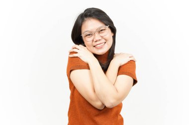 Beyaz arka planda tecrit edilmiş Asyalı Güzel Kadın 'ın Minnettar ve Kendine Sevgi Hareketi