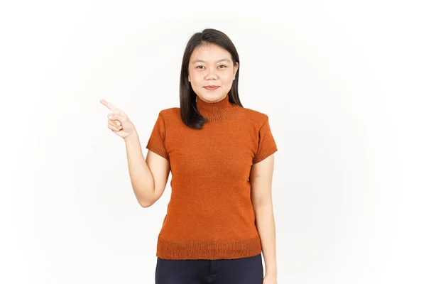 Het Tonen Van Product Wijzen Kant Van Mooie Aziatische Vrouw — Stockfoto