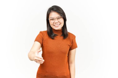 Beyaz arka planda tecrit edilmiş Güzel Asyalı Kadın için El sıkışalım.