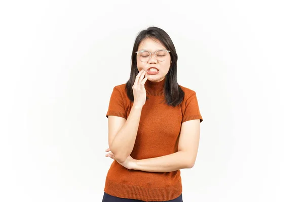 Sofrendo Dor Dente Gesto Bela Mulher Asiática Isolada Fundo Branco — Fotografia de Stock