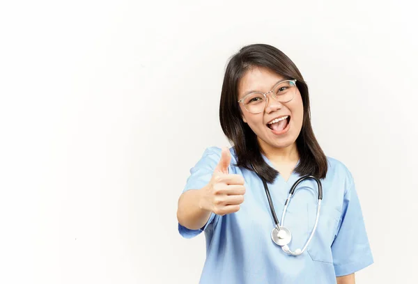 Beyaz Arka Planda Izole Edilmiş Asyalı Genç Doktorun Başparmakları — Stok fotoğraf