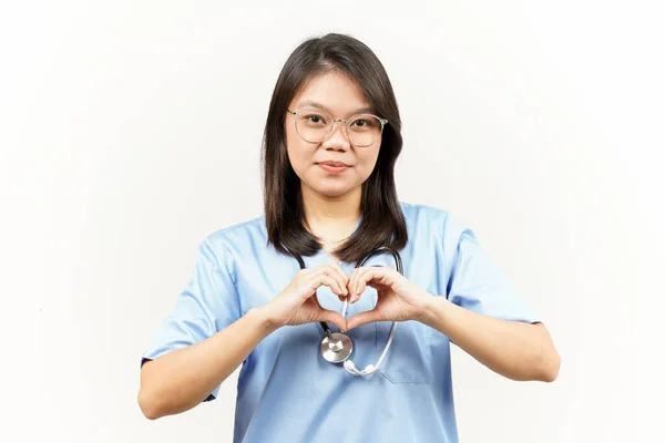 Showing Love Heart Sign Asian Young Doctor Isolated White Background — Stock Photo, Image