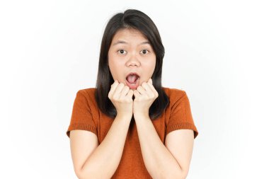 Beyaz arka planda tecrit edilmiş Güzel Asyalı Kadın İfadesi