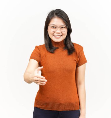 Beyaz arka planda tecrit edilmiş Güzel Asyalı Kadın için El sıkışalım.