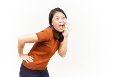 Beyaz arka planda tecrit edilmiş Güzel Asyalı Kadın İfadesi