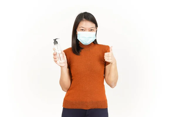 Wearing Medical Mask Holding Hand Sanitizer Beautiful Asian Woman Isolated — Stock Photo, Image