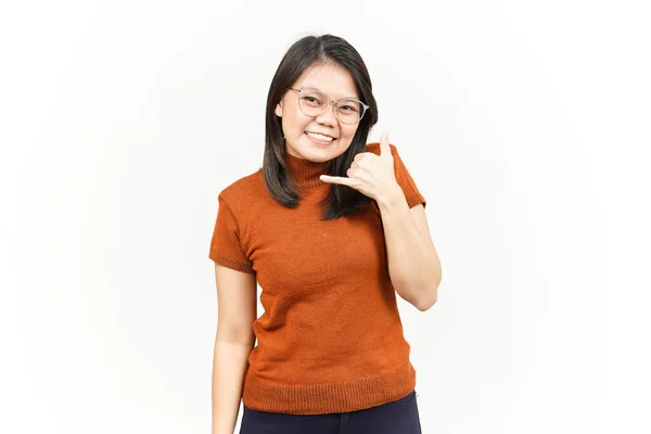 Doen Telefoon Gebaar Van Mooie Aziatische Vrouw Geïsoleerd Witte Achtergrond — Stockfoto