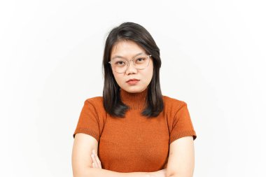 Beyaz arka planda izole edilmiş Güzel Asyalı Kadın 'ın Öfkeli Hareketi