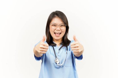 Beyaz arka planda izole edilmiş Asyalı Genç Doktorun Başparmakları