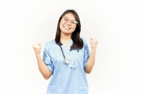Ano Vzrušené Gesto Asijské Mladý Lékař Izolovaný Bílém Pozadí — Stock fotografie