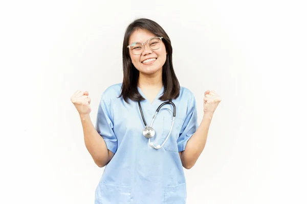 Sim Gesto Excitado Jovem Médico Asiático Isolado Fundo Branco — Fotografia de Stock