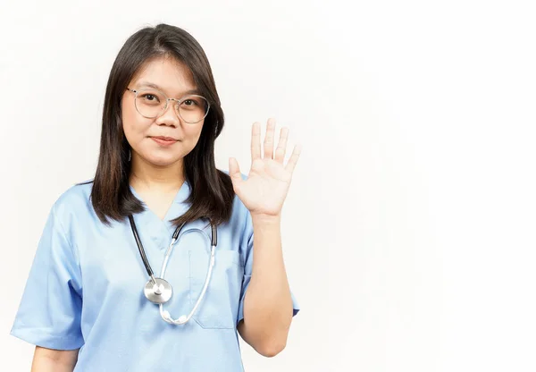 Hallo Oder Hallo Geste Von Asiatischen Jungen Arzt Isoliert Auf — Stockfoto