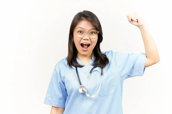 Showing Strength Arms Asian Young Doctor Isolated White Background — Stock Photo, Image