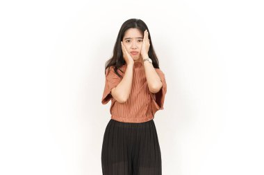 Beyaz arka planda tecrit edilmiş Güzel Asyalı Kadın 'ın Sıkıcı Hareketi