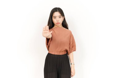 Beyaz arka planda tecrit edilmiş Güzel Asyalı Kadın 'ın Reddedilme ve El Hareketi