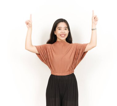 Beyaz arka planda tecrit edilmiş güzel Asyalı Kadın 'ın Ürünleri ve İşaretleri